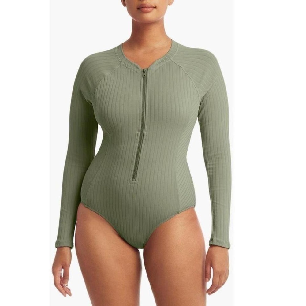 Sea Level Vesper Long Sleeve One-Piece Ribbed Toned Swimsuit, Size 10,‎ Sage NWT